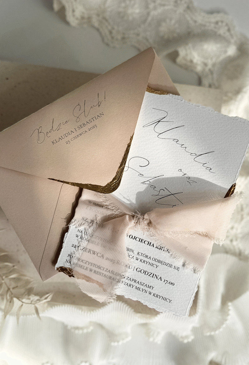 zaproszenie ślubne A Piece of Gold ze złoconymi brzegami, wstążką i lakiem z zatopionym złotem