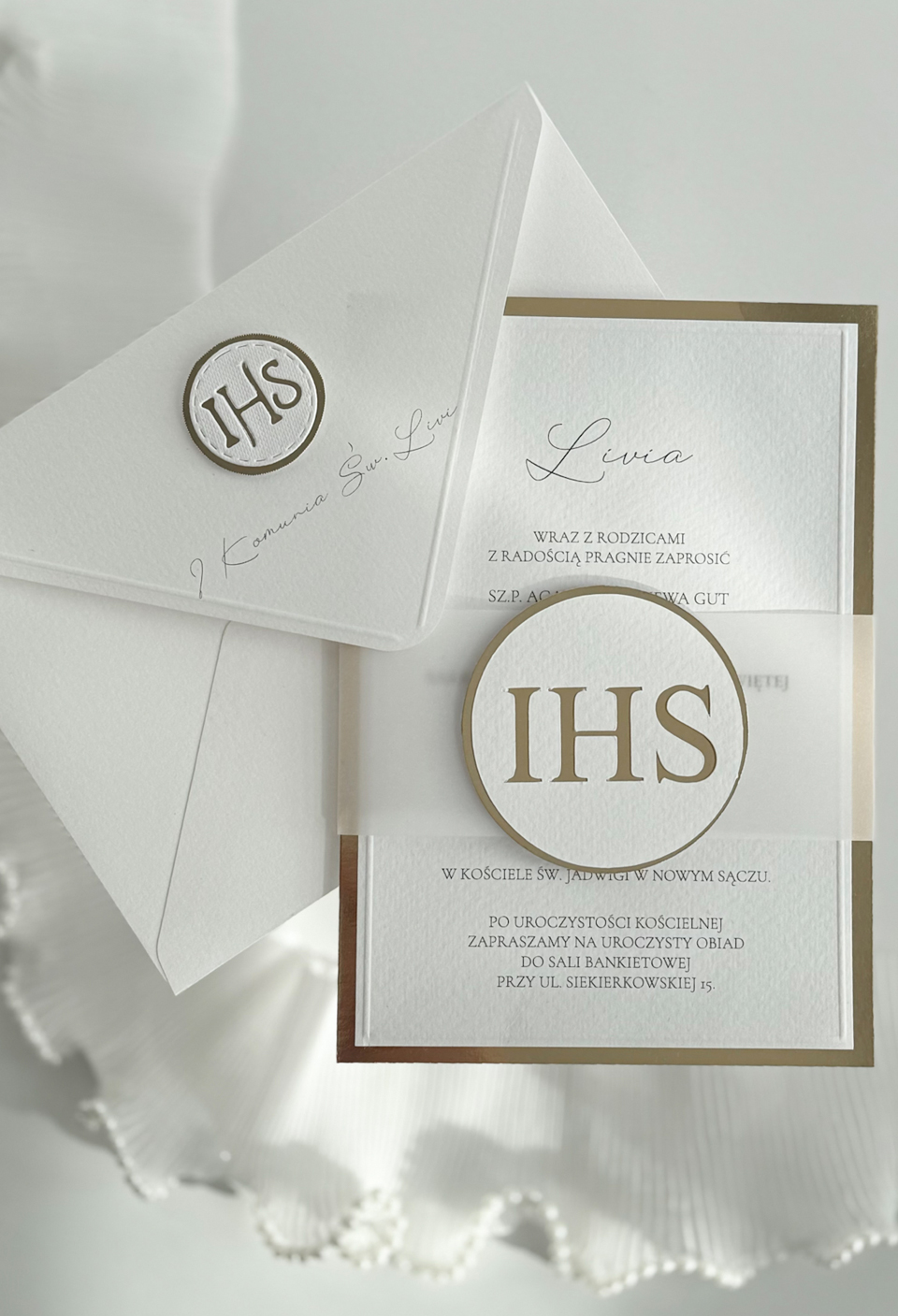 Eleganckie Zaproszenie na I Komunię Świętą "Złote IHS"