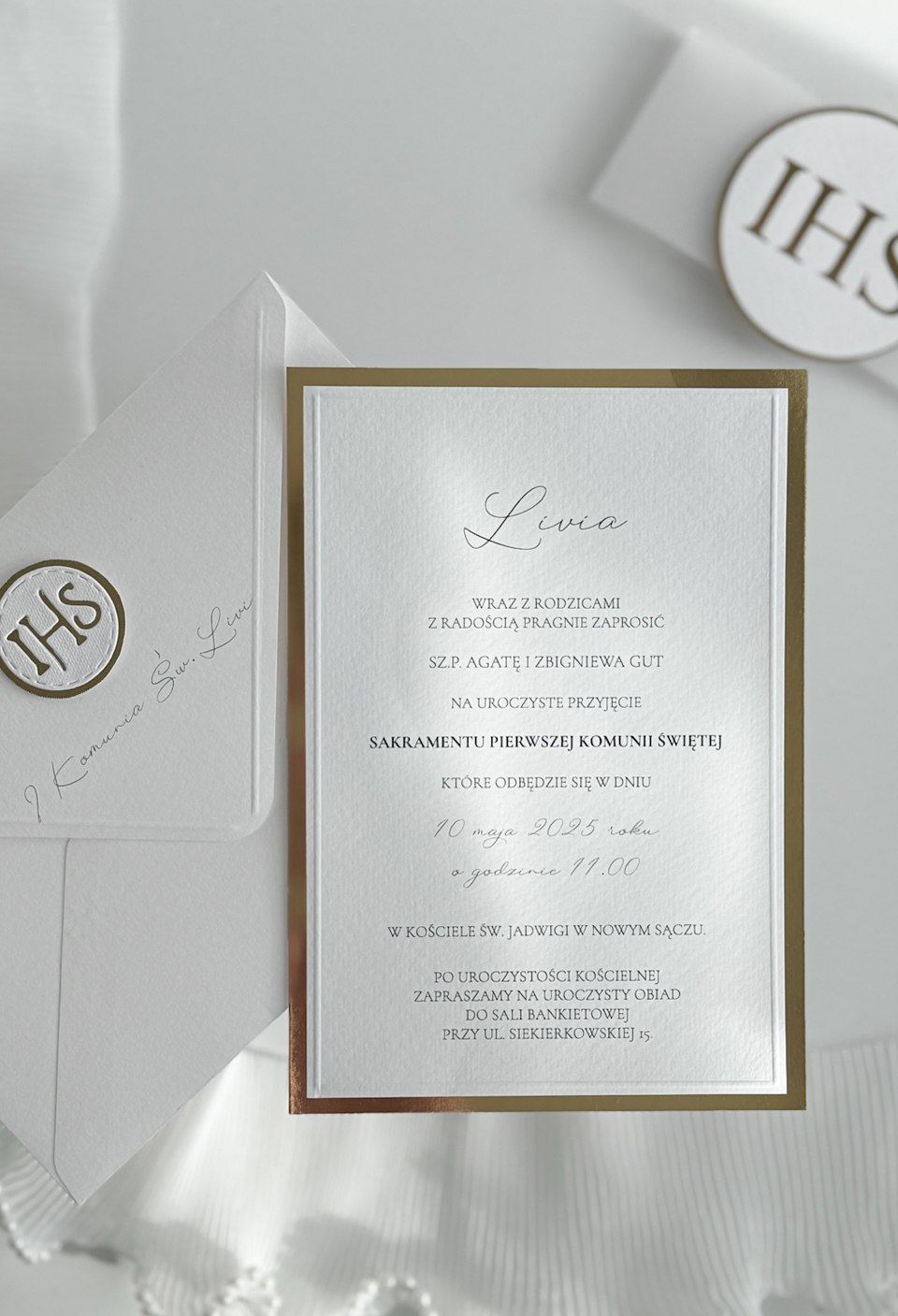 Eleganckie Zaproszenie na I Komunię Świętą "Złote IHS" - obrazek 2