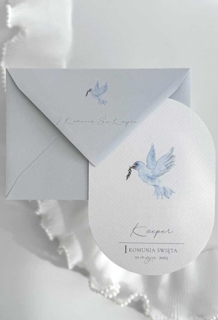 Eleganckie Zaproszenie na I Komunię Świętą – Gołąbek
