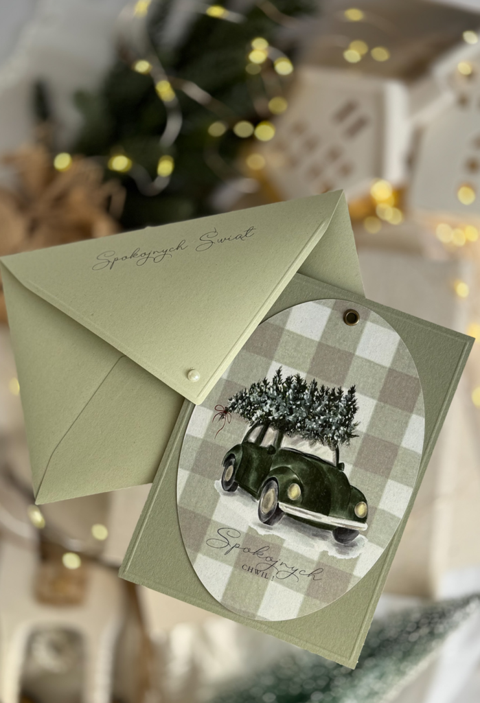 Kartka świąteczna handmade – Garbus z Choinką