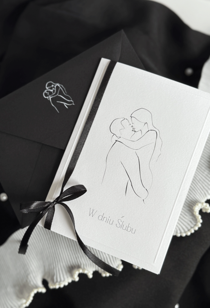 Minimalistyczna Kartka na Ślub - black&white ze wstążką i kopertą