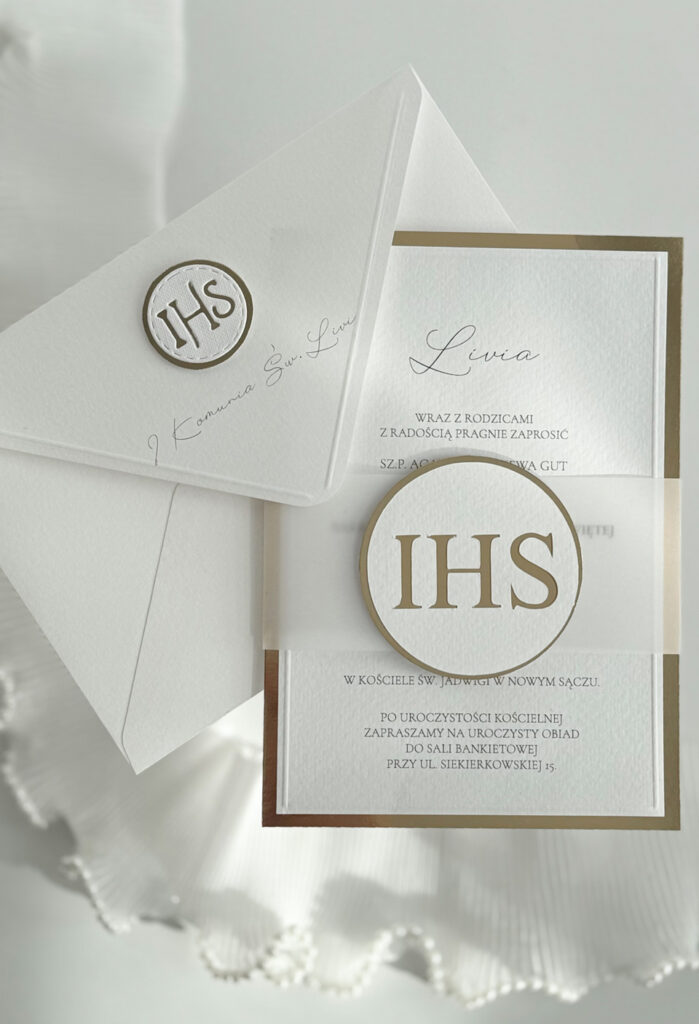 Eleganckie Zaproszenie na I Komunię Świętą "Złote IHS"
