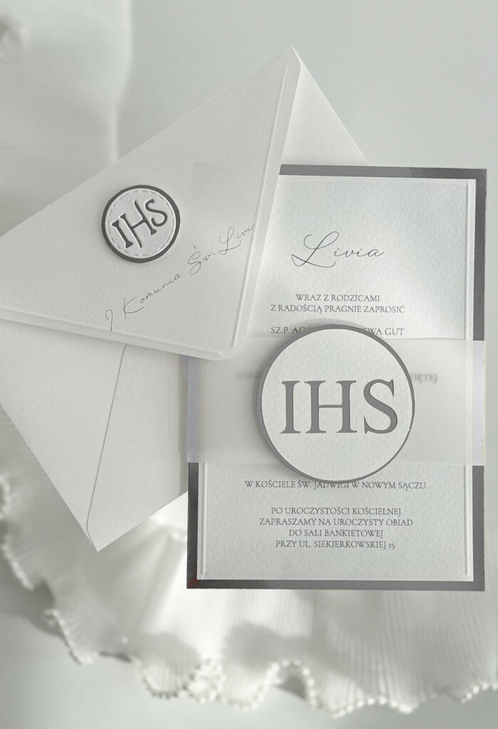 Eleganckie Zaproszenie na I Komunię Świętą „Srebrne IHS”